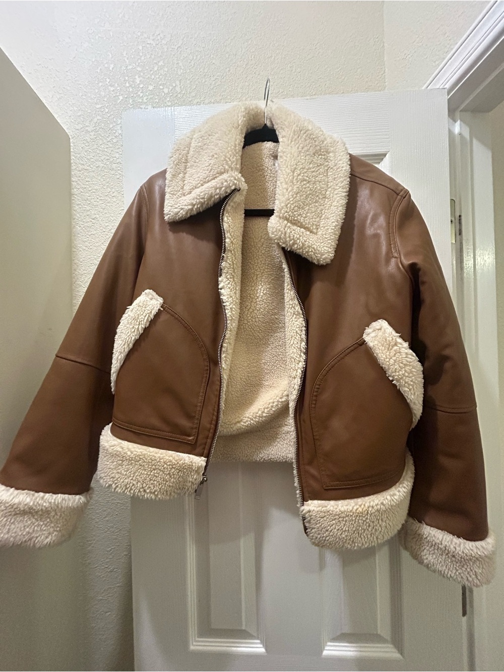 GAP Brown Faux Leather Aviator Jacket with Cream Sherpa